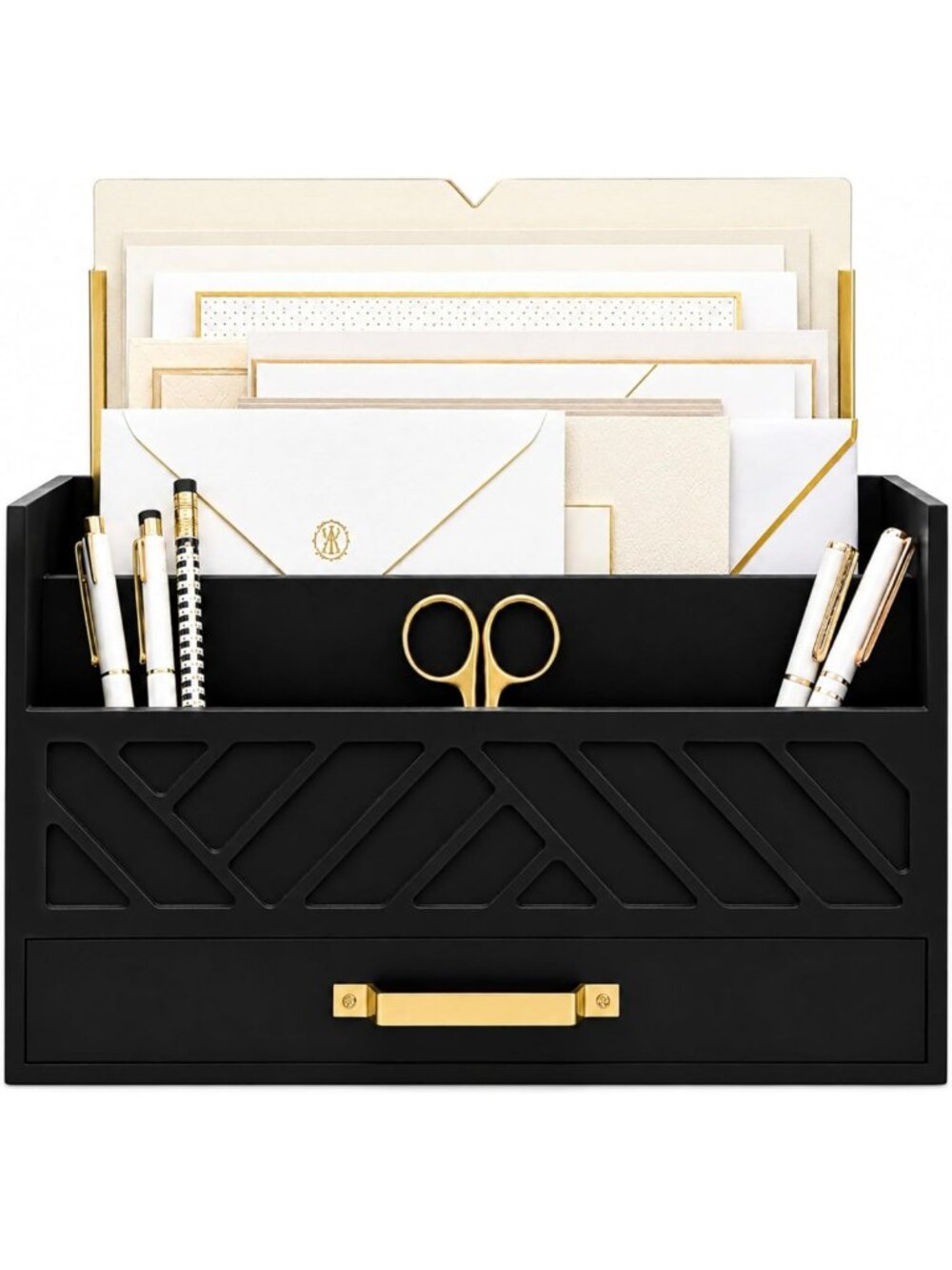 Wooden Mail Organizer with Drawer & Gold Handle | Desk Mail Sorter & Letter